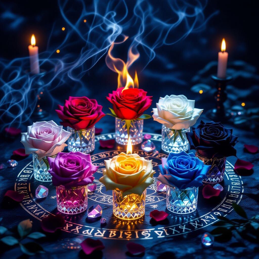 Mystical Altar with Seven Roses in Ethereal Lighting