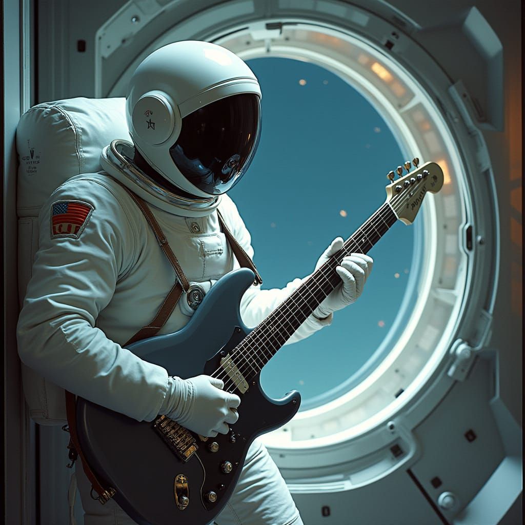 Astronaut Plays Guitar in Futuristic Spacecraft Interior