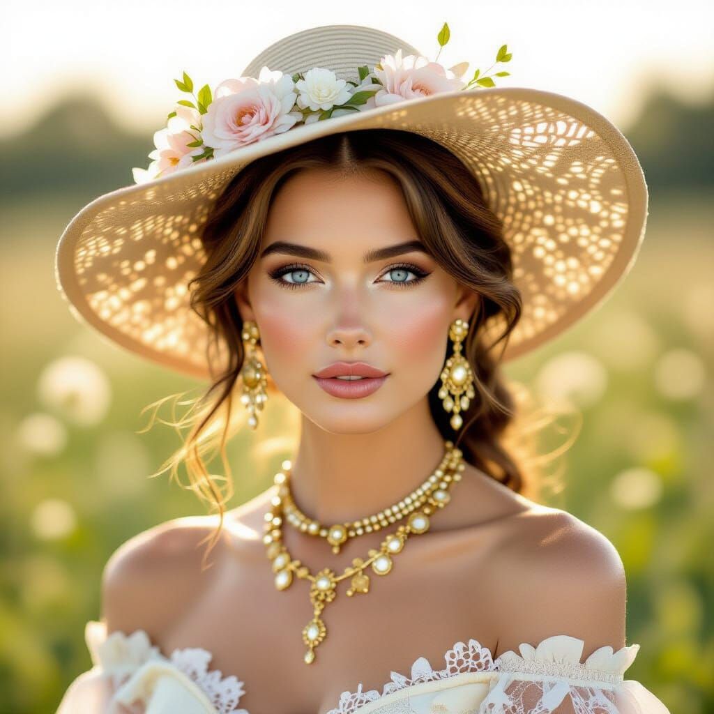 Glamorous Woman with Blue Eyes in Floral Hat, Impressionist ...