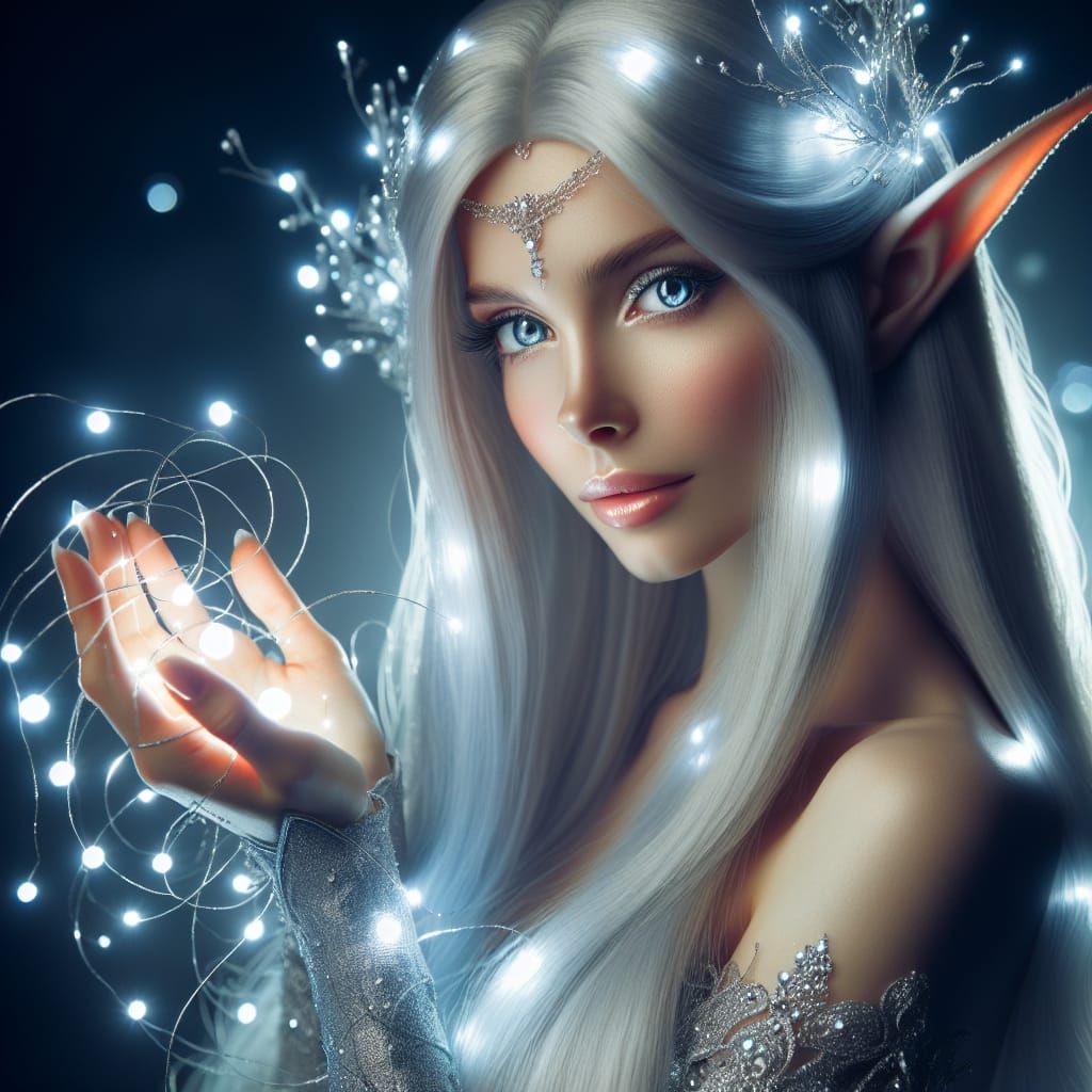 Luminescent Silver Elf with Flowing Hair and Magic