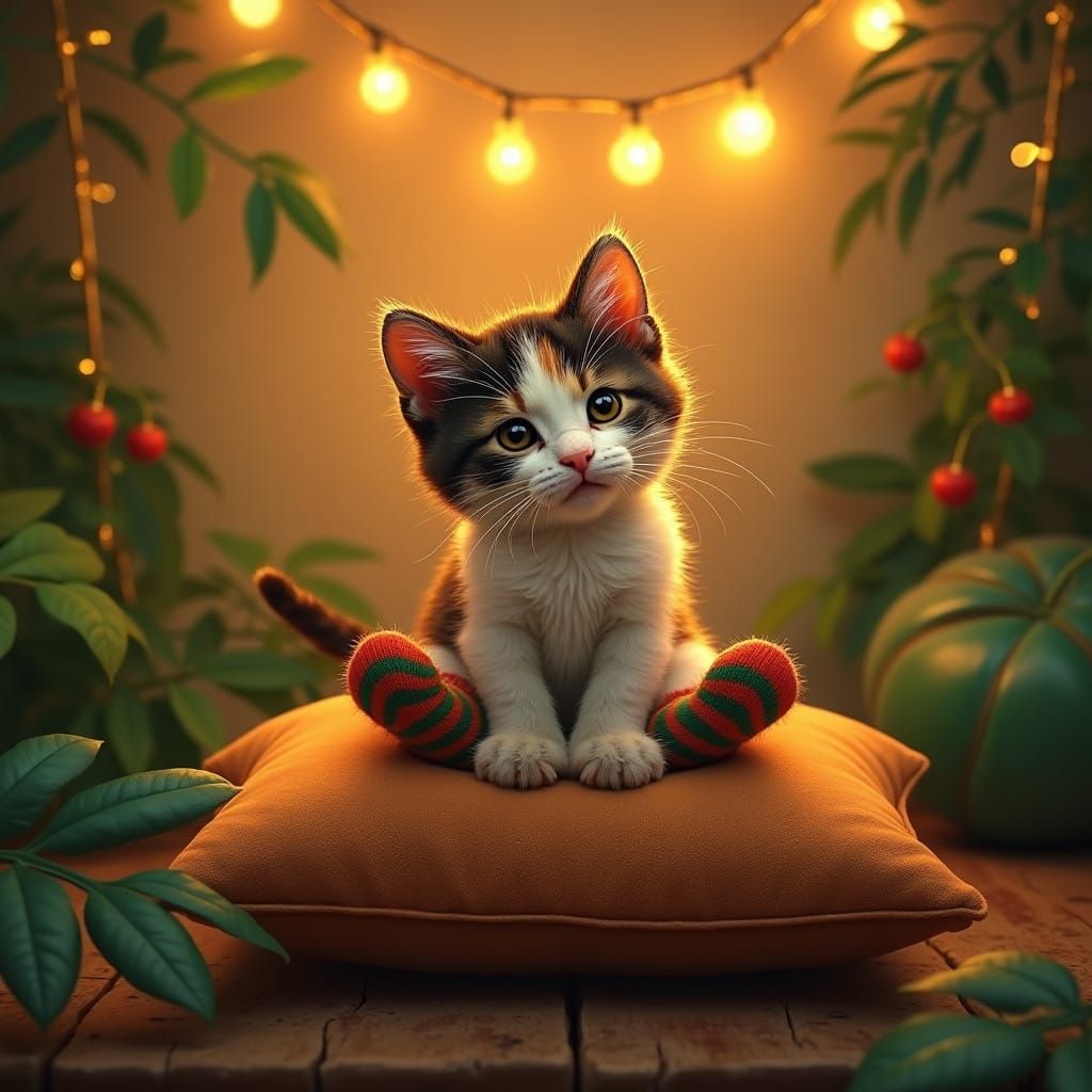 Whimsical Calico Kitten in Enchanted Garden