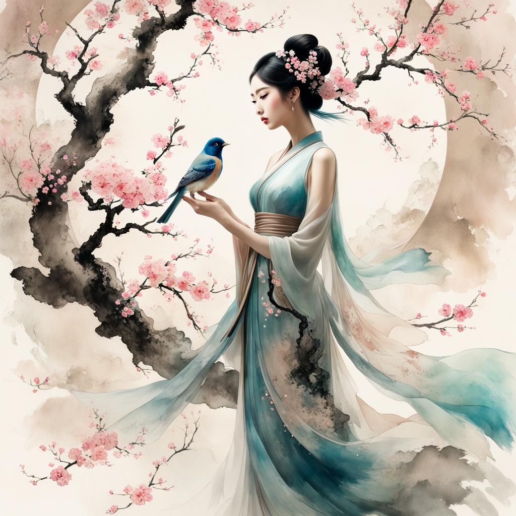 Goddess with Blossoms: Chinese Ink and 3D Fusion