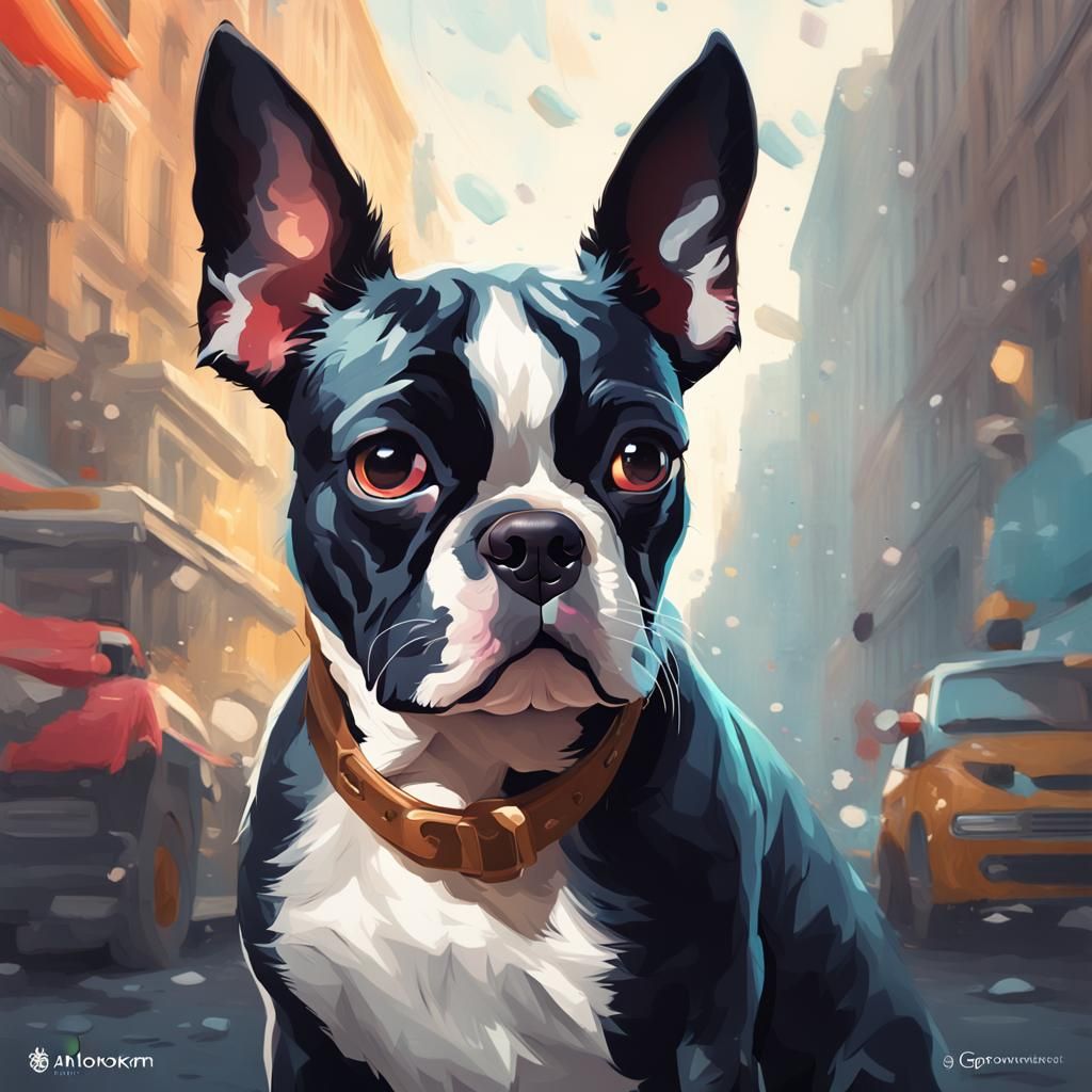 Cute Boston Terrier Portrait in Hyperdetailed Style