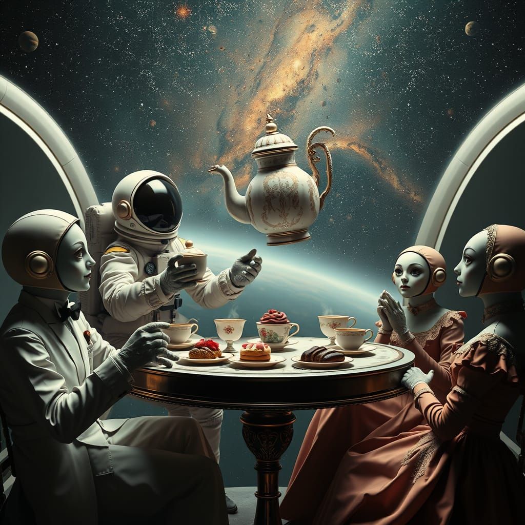 Surreal Cosmic Gathering in Zero Gravity Tea Party