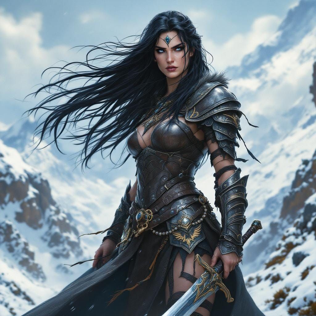 Barbarian Queen on Snow Mountain in Vibrant Fantasy Style