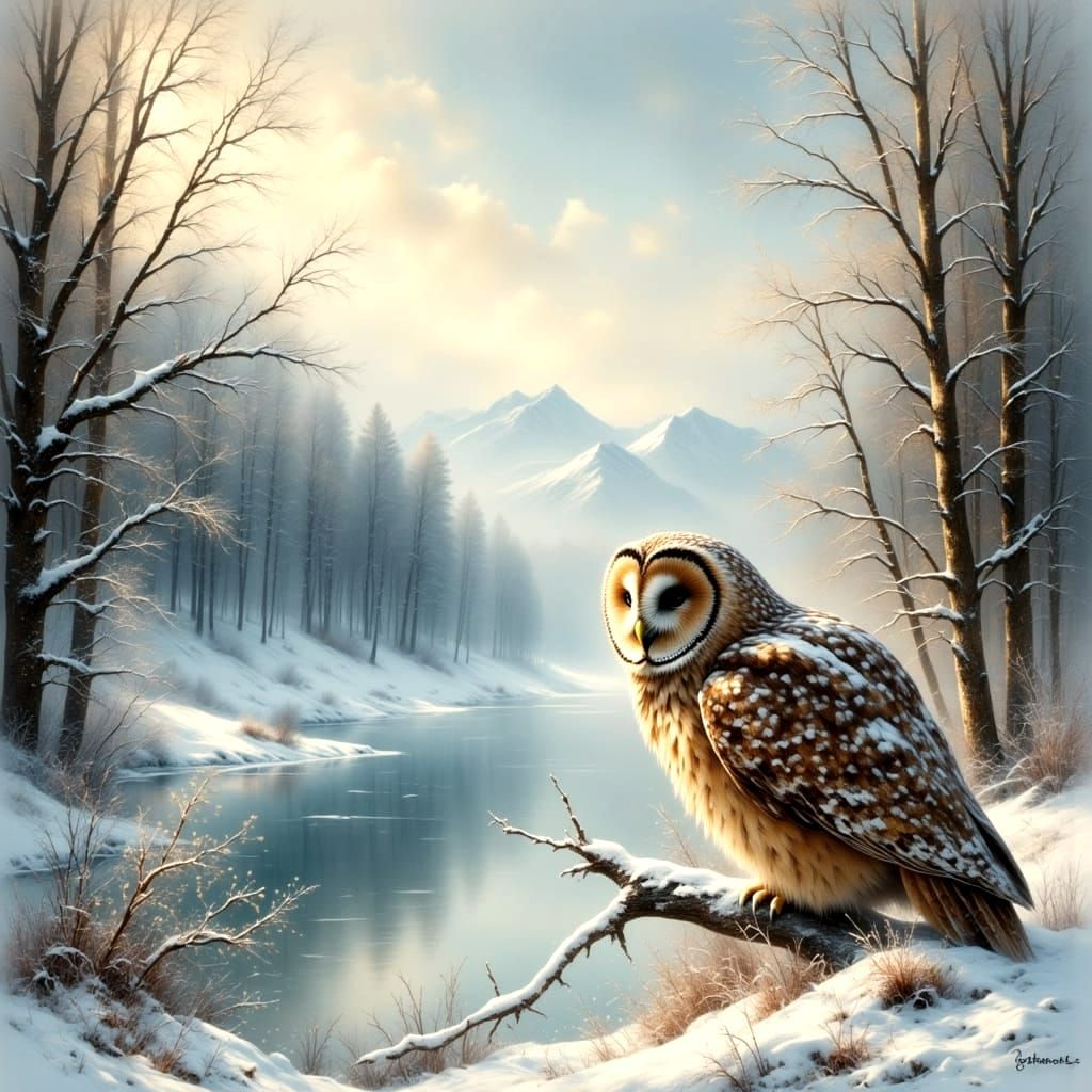 Majestic Tawny Owl in Alaskan Winter Wonderland