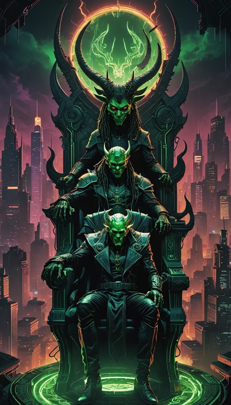 Cyberpunk Devil Overlooks Dystopian Cityscape