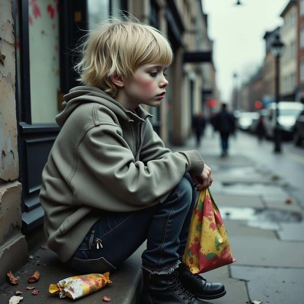 A frail, blond-haired boy, no more than 8 years old, with a ...