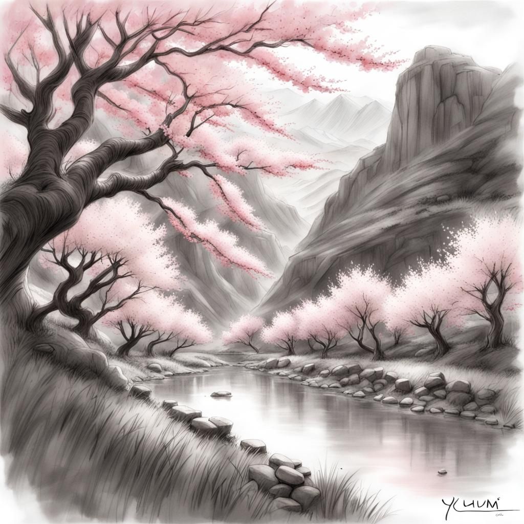 Valley Cherry Blossoms in Pencil Sketch Style