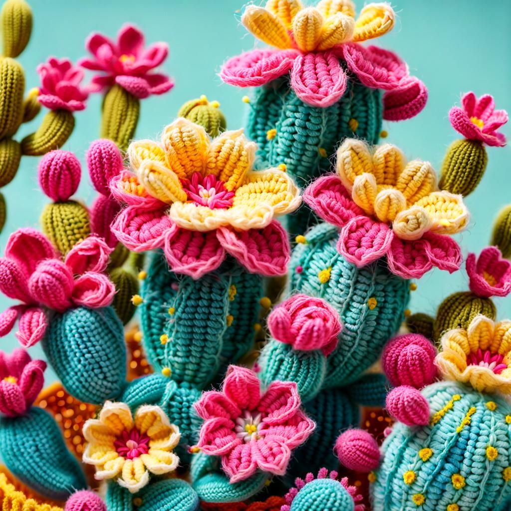 Vibrant Crochet Cactus with Pink and Yellow Blossoms