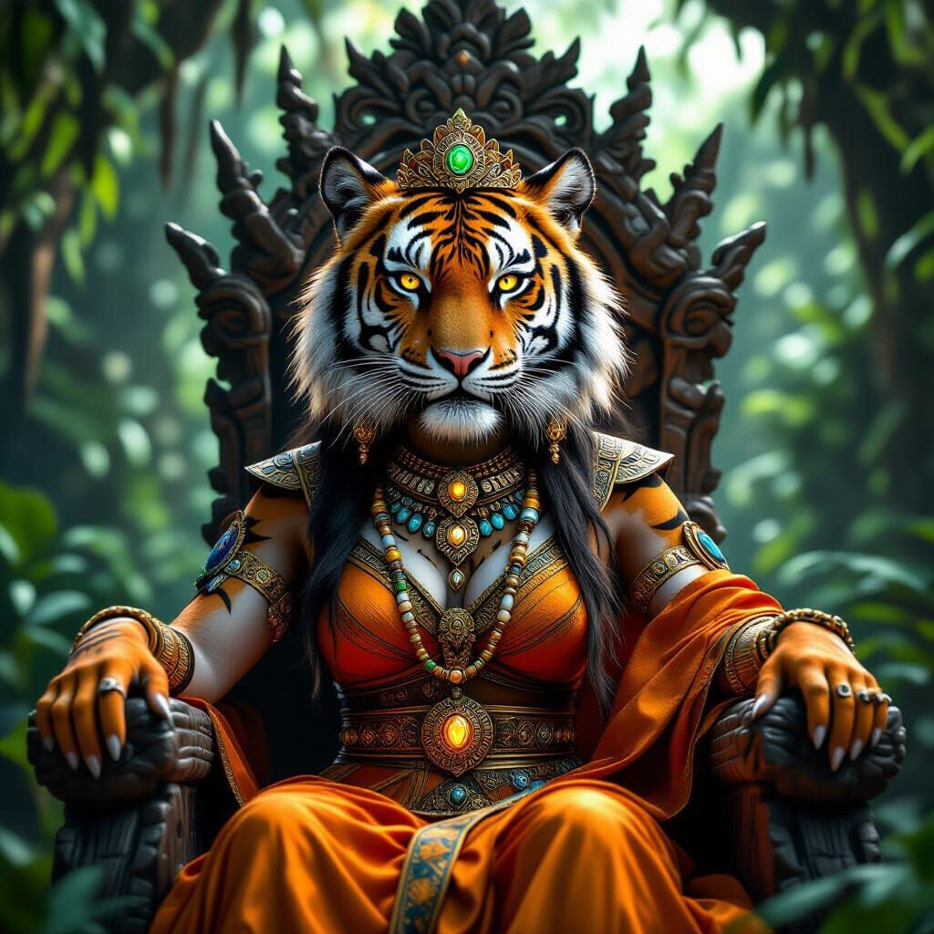 Tiger Queen on Jungle Throne in Fantasy Realism Style