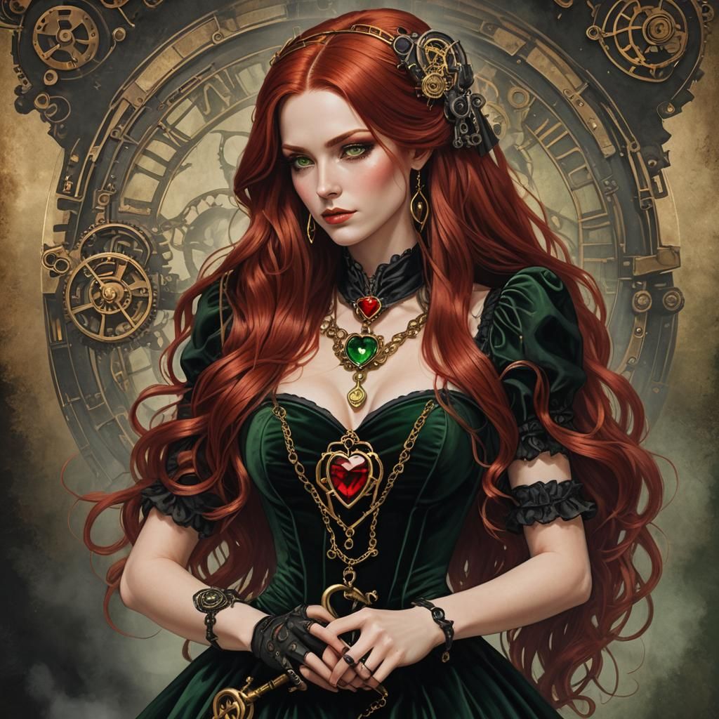 Steampunk Girl with Red Jewel Heart and Golden Key