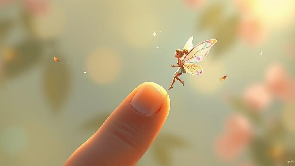Miniature Fairy Perched on Finger, Ethereal Digital Art