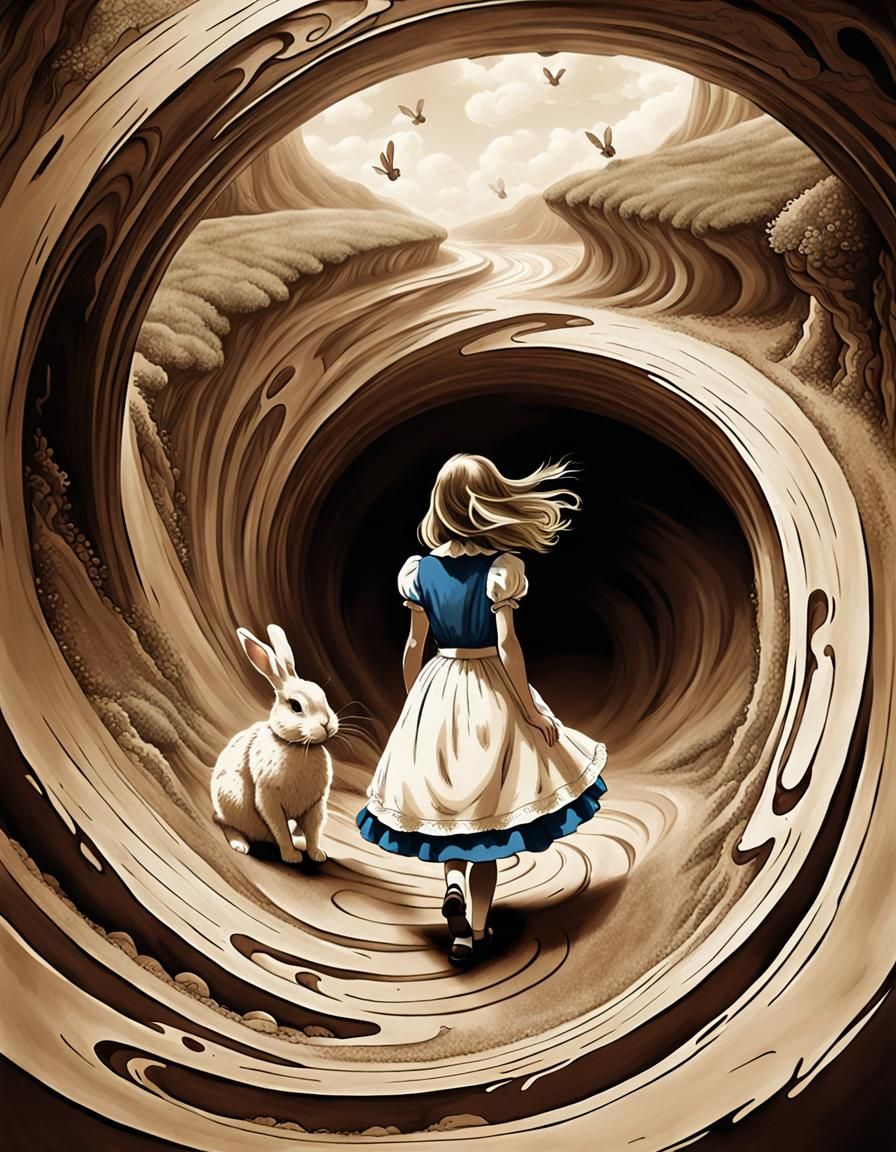 Sepia Art Illusion: Alice's Swirling Descent