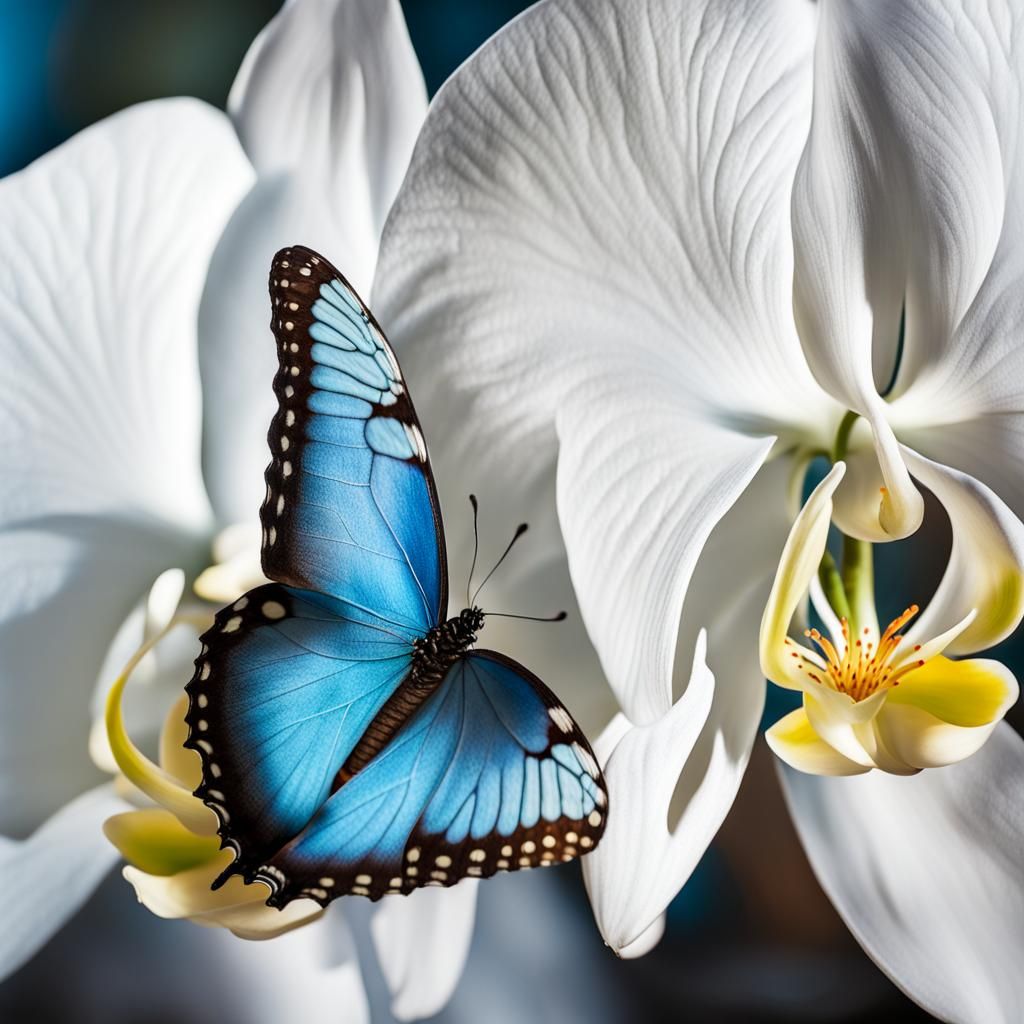 Blue Morpho Butterfly on White Orchid: Surreal Close-Up