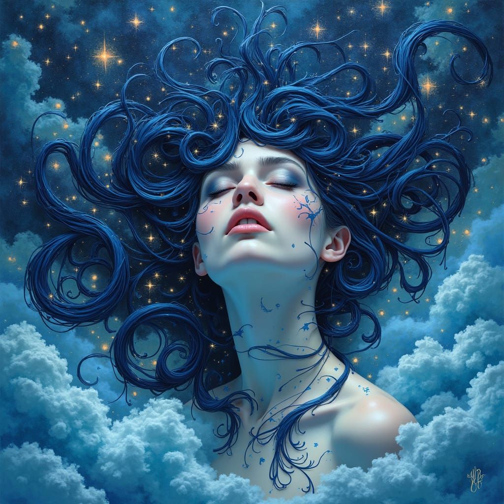 Ethereal Celestial Ink Portrait in Dark Blues and Shimmering...