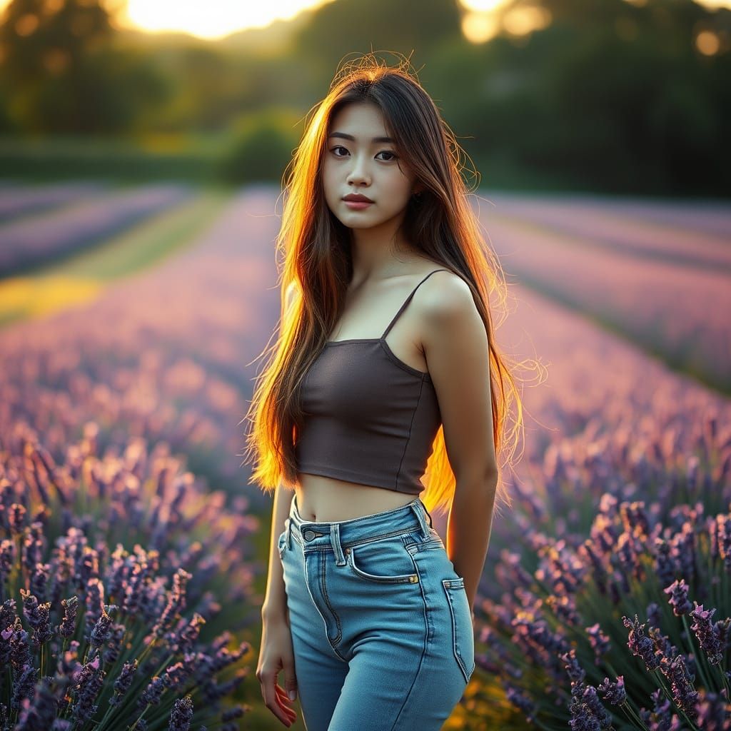 Japanese Woman in Lavender Field at Sunset