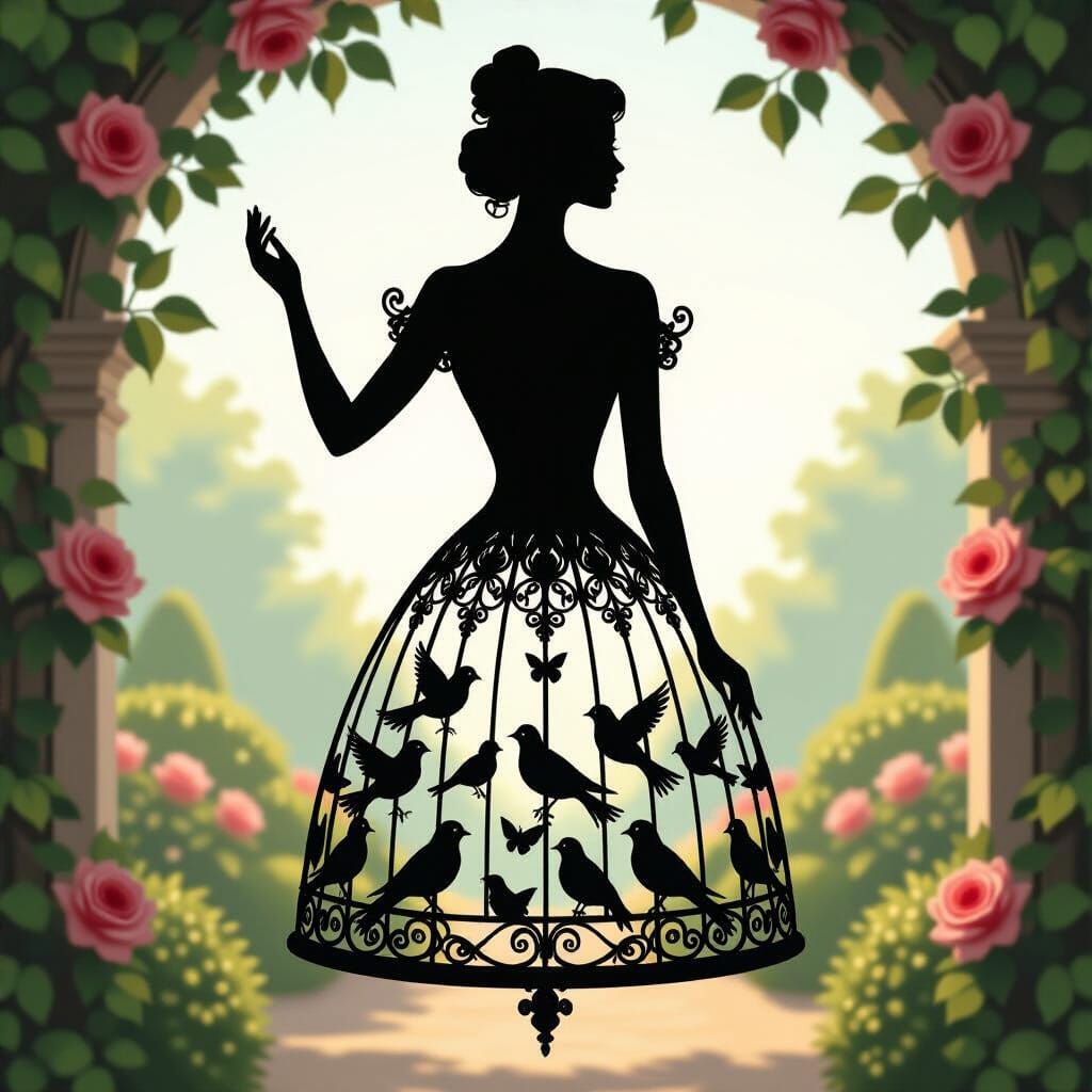 Woman Merging into Wrought Iron Birdcage Dress