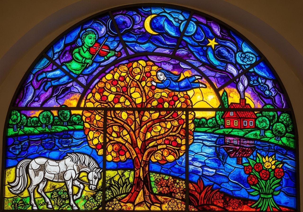 Arched Stained Glass Window of Autumn Flowers in Chagall Sty...