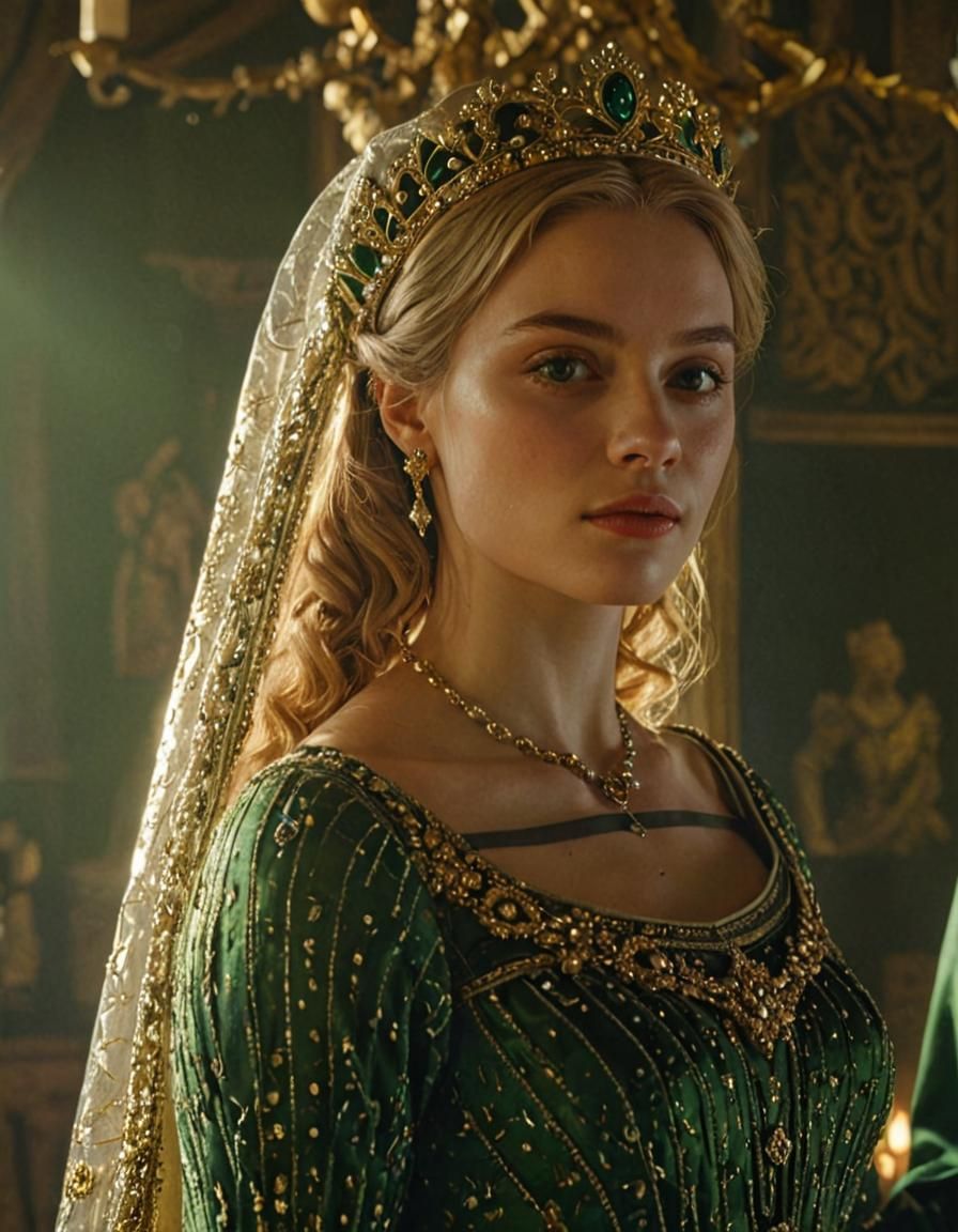 Exquisite Young Queen in Opulent Medieval Setting