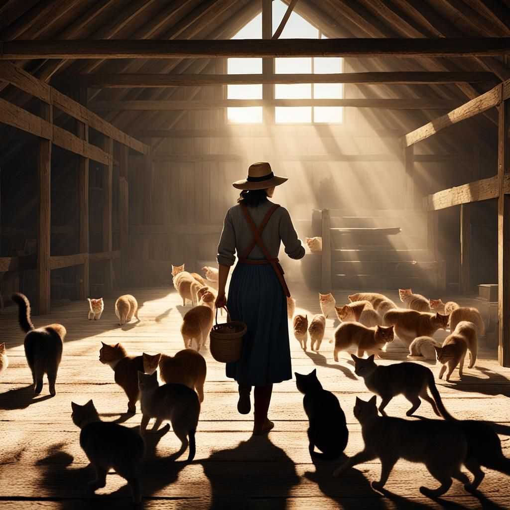 Female Farmer Herding Cats in Old Barn