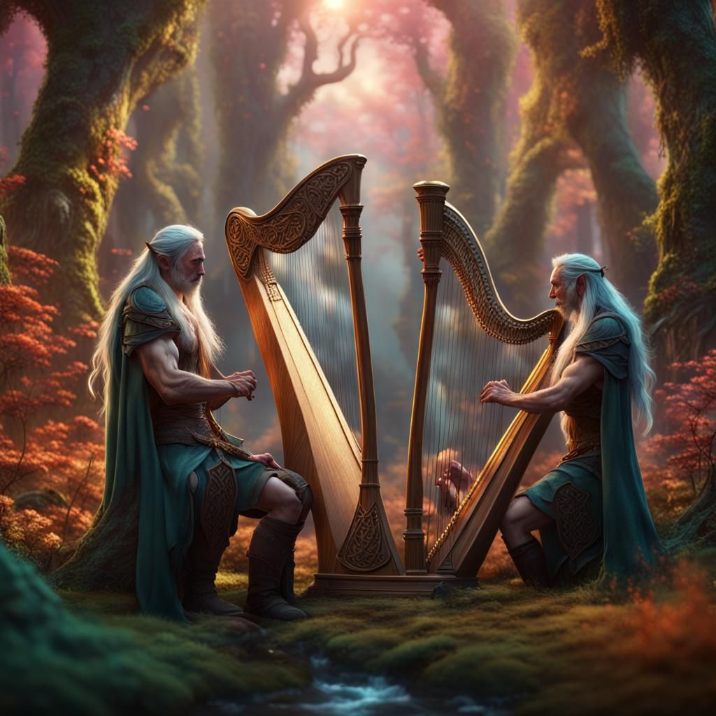 Fantasy Elves Playing Celtic Harp in Forest