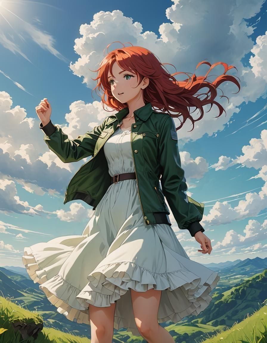 Red-Haired Woman on Windy Hill in Anime Style