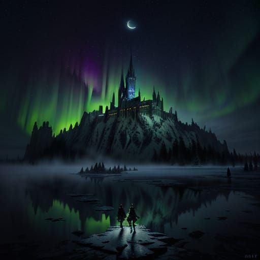 Ethereal Dark Fantasy Landscape Under Starry Night Sky