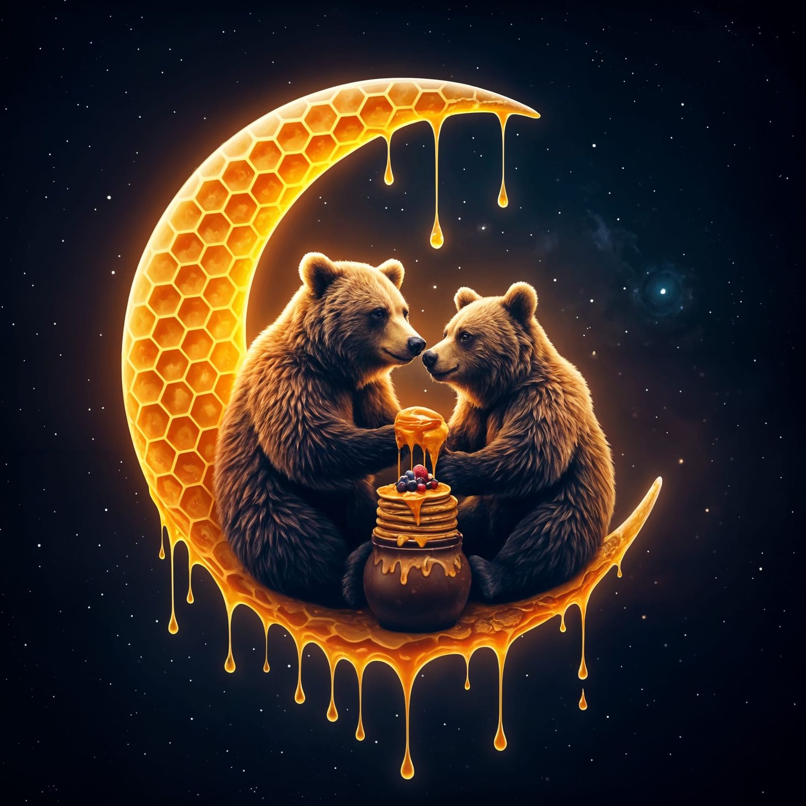 Honeycomb Moon Bears' Romantic Meal: Fantasy Art