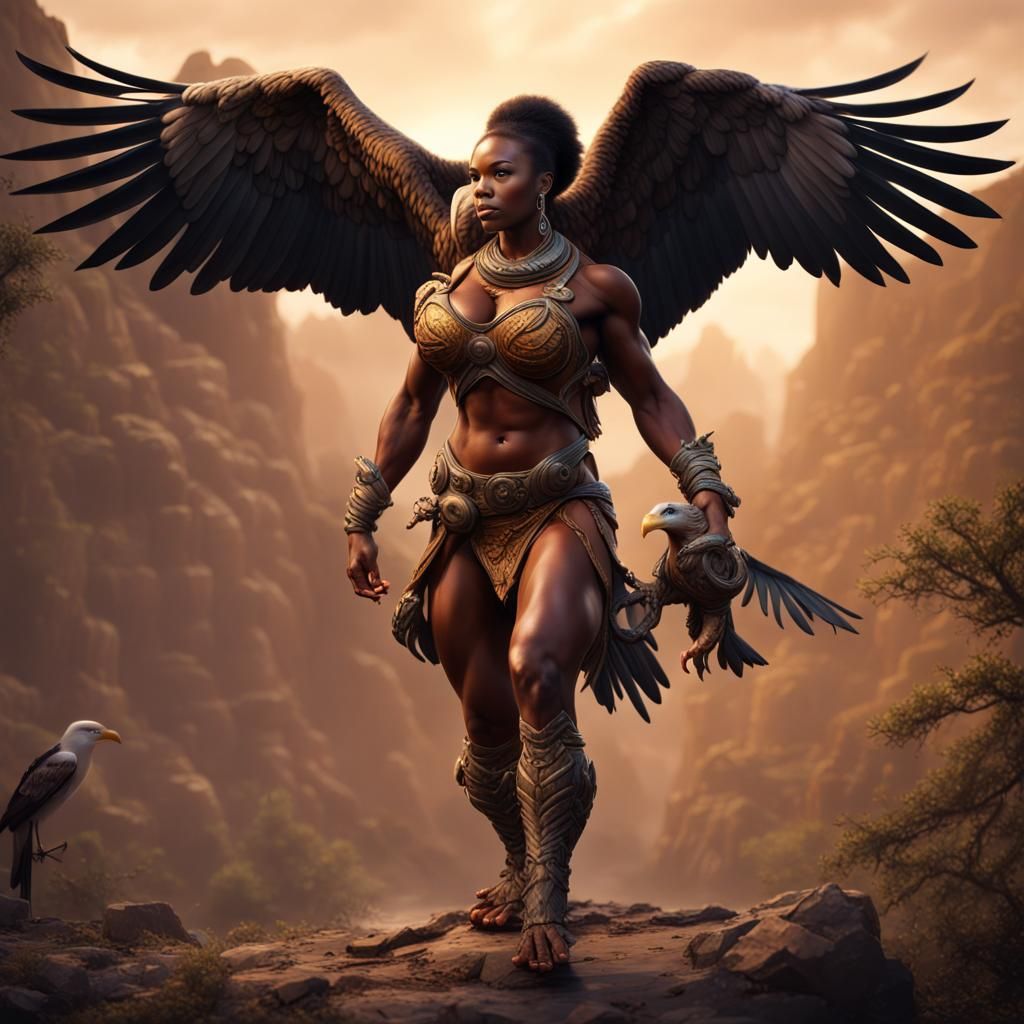 African Lady Bodybuilder with Eagle, Digital Painting
