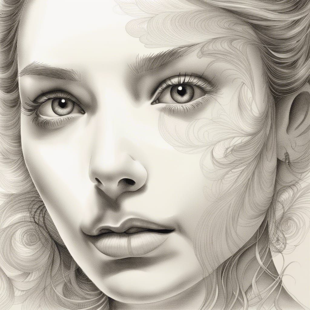 Elegant Woman's Face in Black and White Ink Drawing