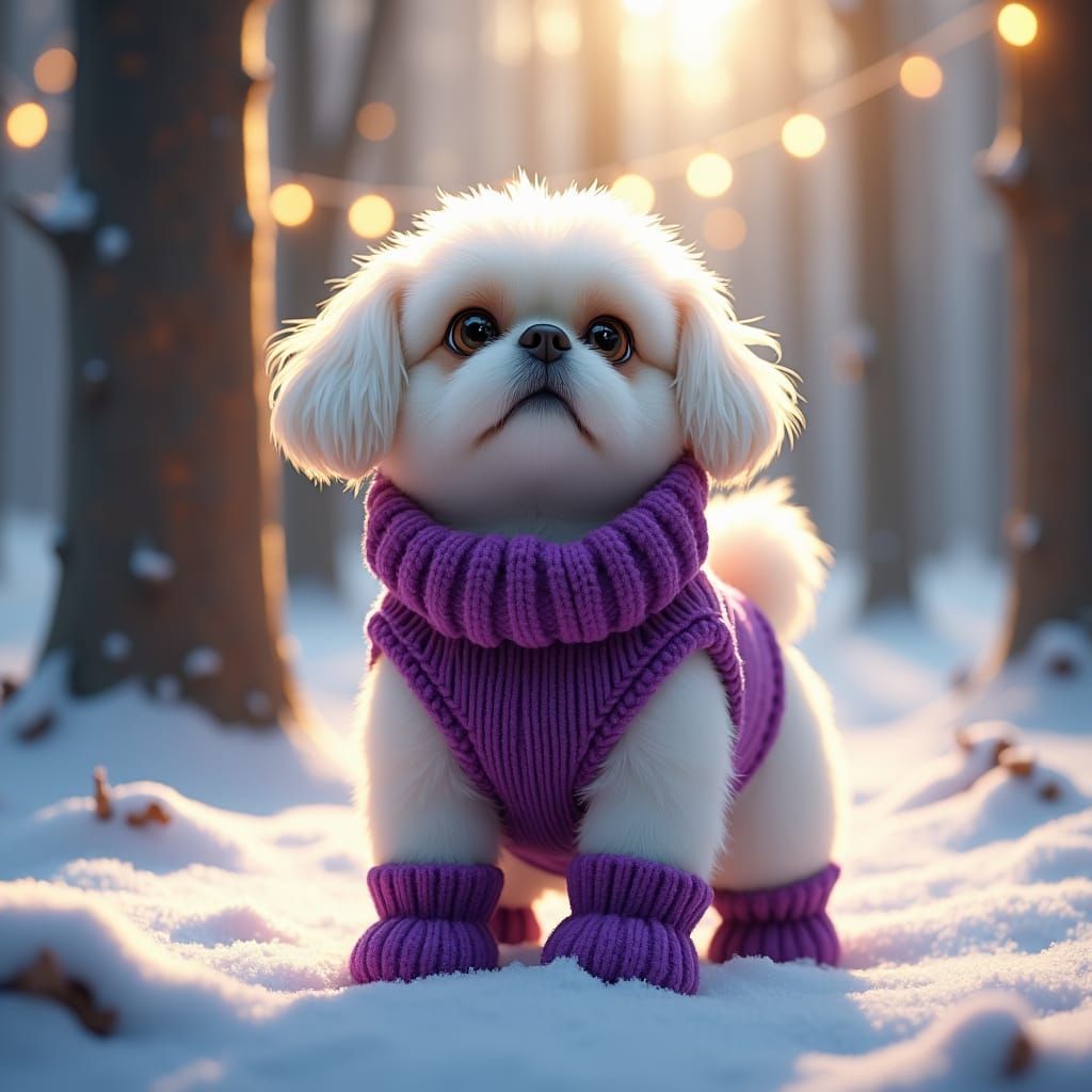 Shih Tzu Dog in Purple Vest in Winter Forest