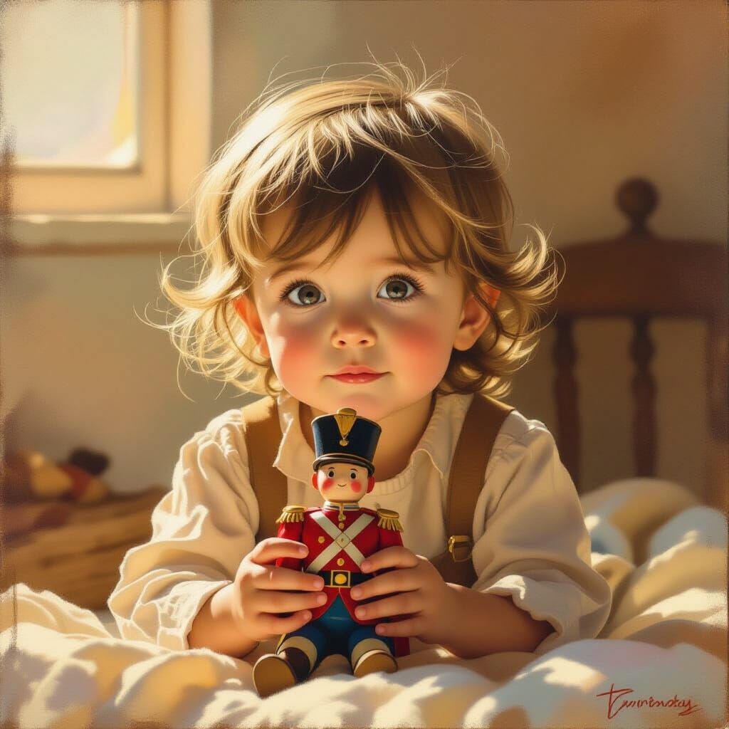 Cute Child Holding Toy in Impressionistic Oil Painting Style