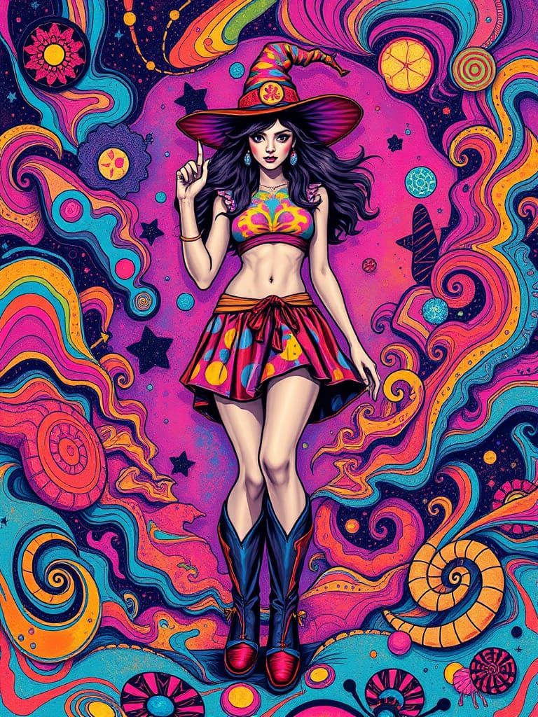 She was a hippie go-go witch! Mod boots, miniskirt, 1960 vib...