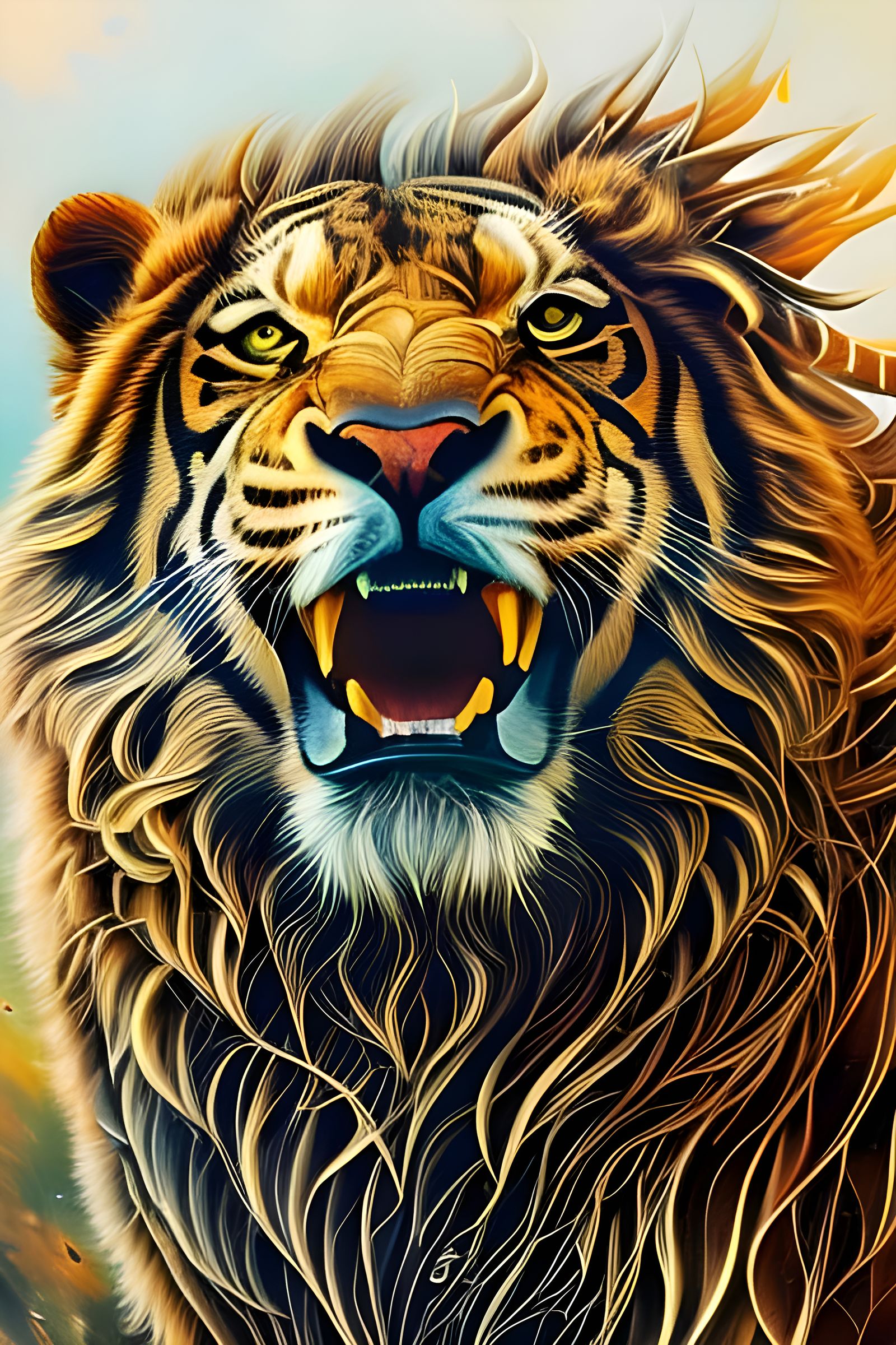 Roaring Lion Portrait with Liquid Solar Winds