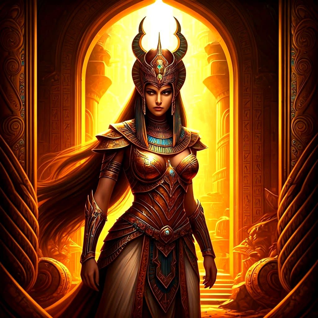 Female Warrior Uncovers Lost Realms Treasure, Art Deco Style