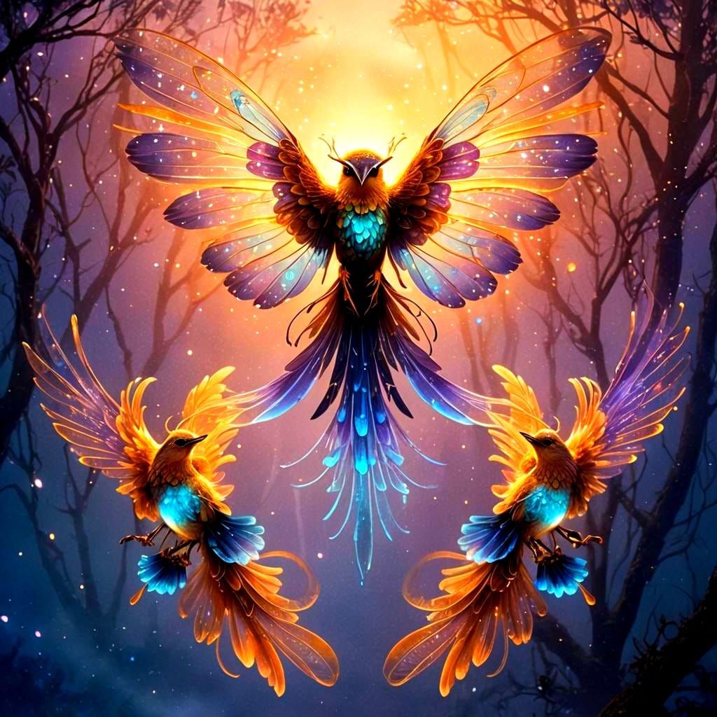Bioluminescent Birds with Magical Wings in Hyperrealistic St...