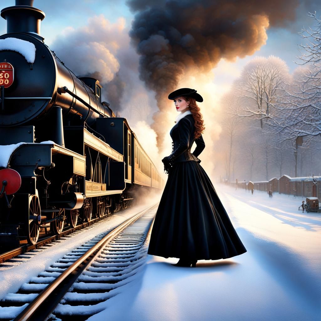 Victorian Woman at Snowy Train Station