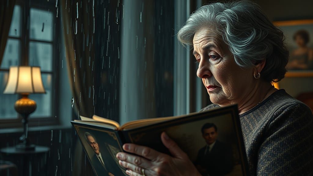 Melancholic November Night: Woman Gazes at Old Photos