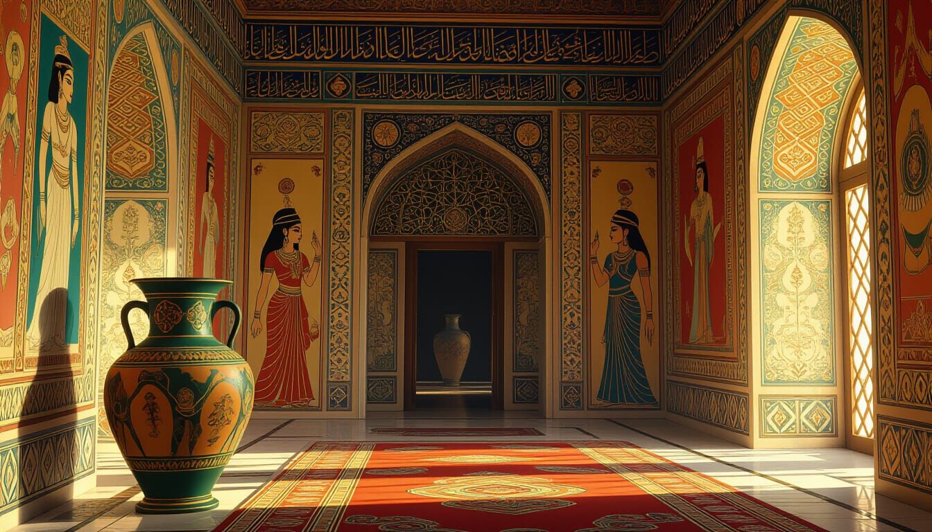 Ancient Persian Palace Interior in Hyperrealistic Style