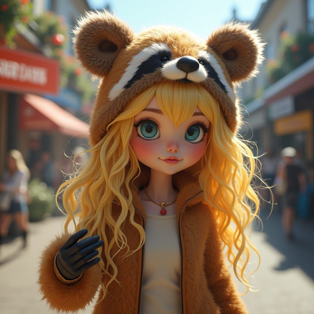 Whimsical Cartoony Girl in Furry Badger Carnival Costume