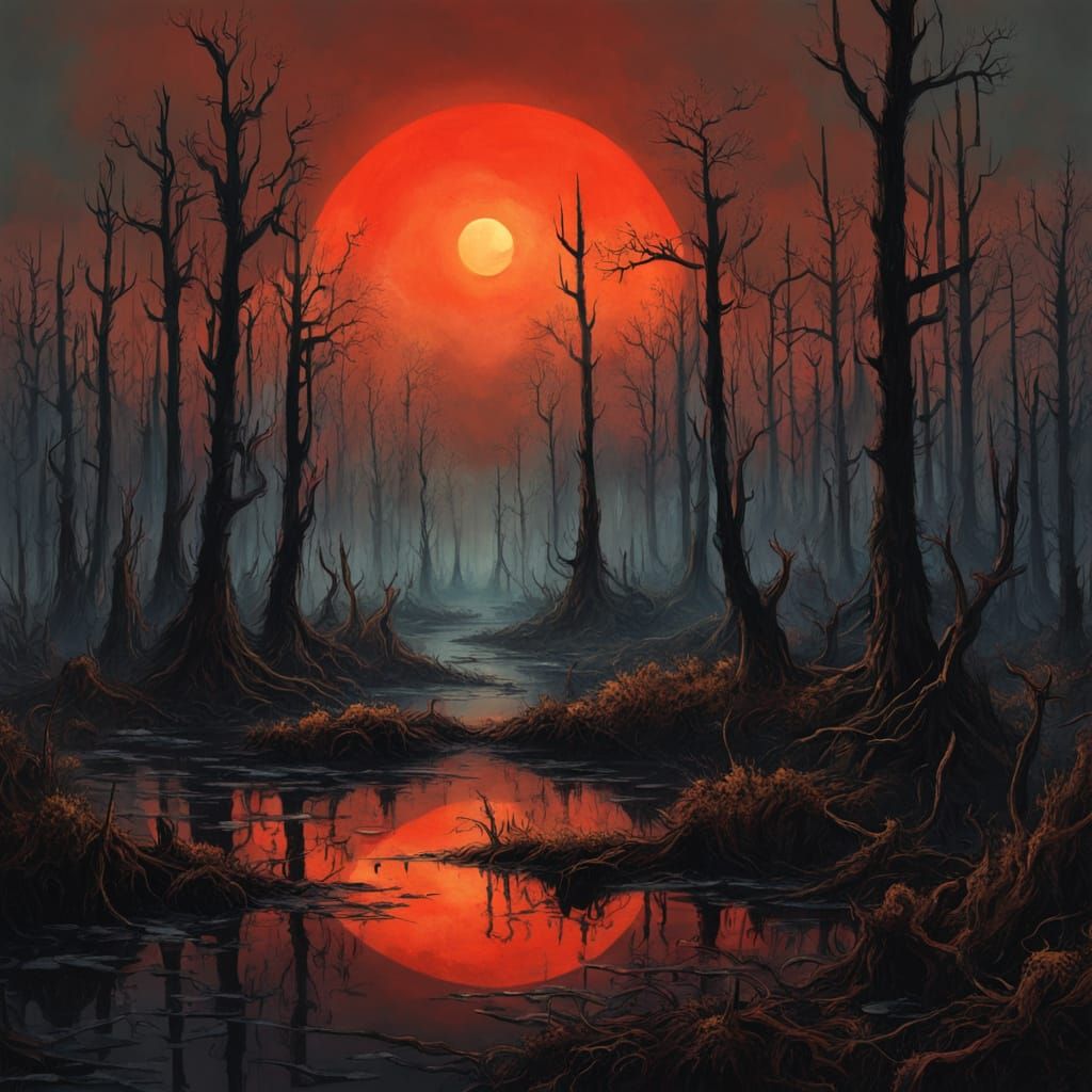Eerie Dystopian Swamp at Sunset
