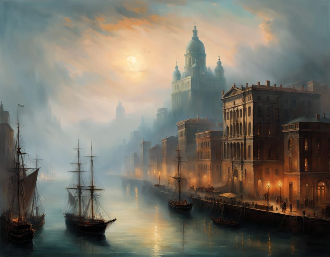 Majestic Port Cityscape Under Romanticist Twilight