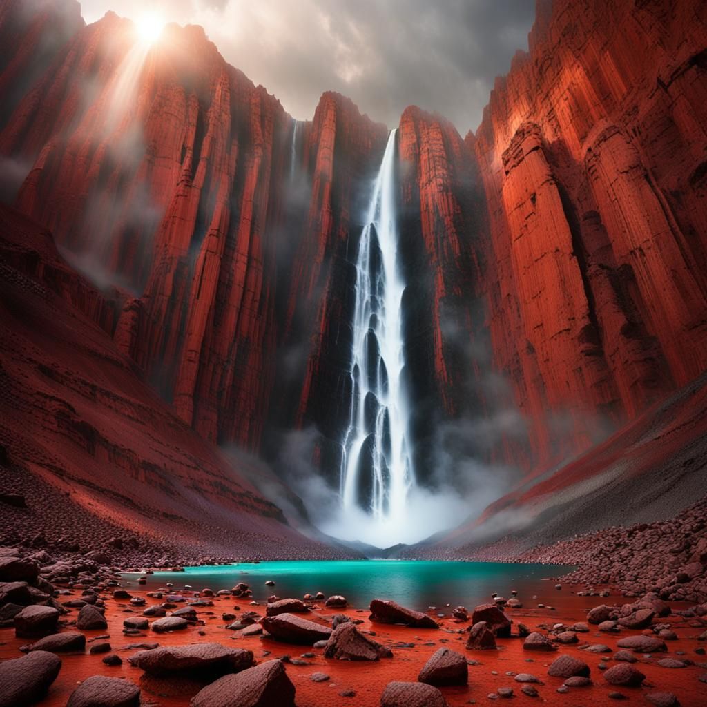 Spectacular Martian Waterfall in Sci-Fi Landscape