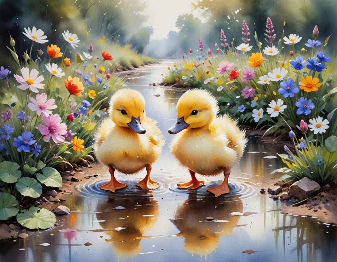 Ducklings in Impressionist Watercolor Painting