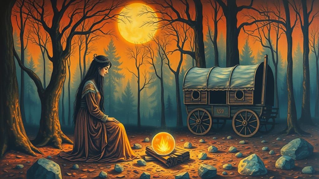 Mysterious Gypsy Woman Gazing into Crystal Ball