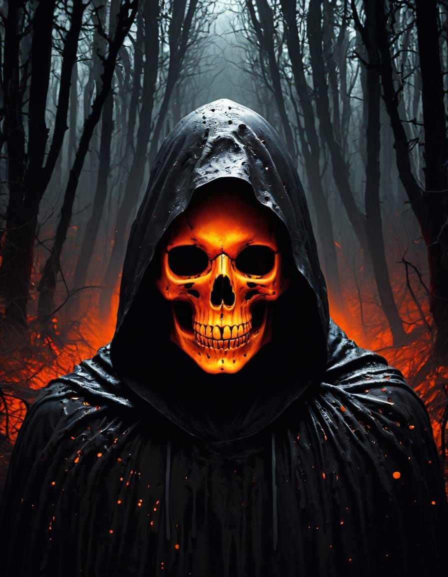 Sinister Hooded Figure in Haunted Forest Impasto