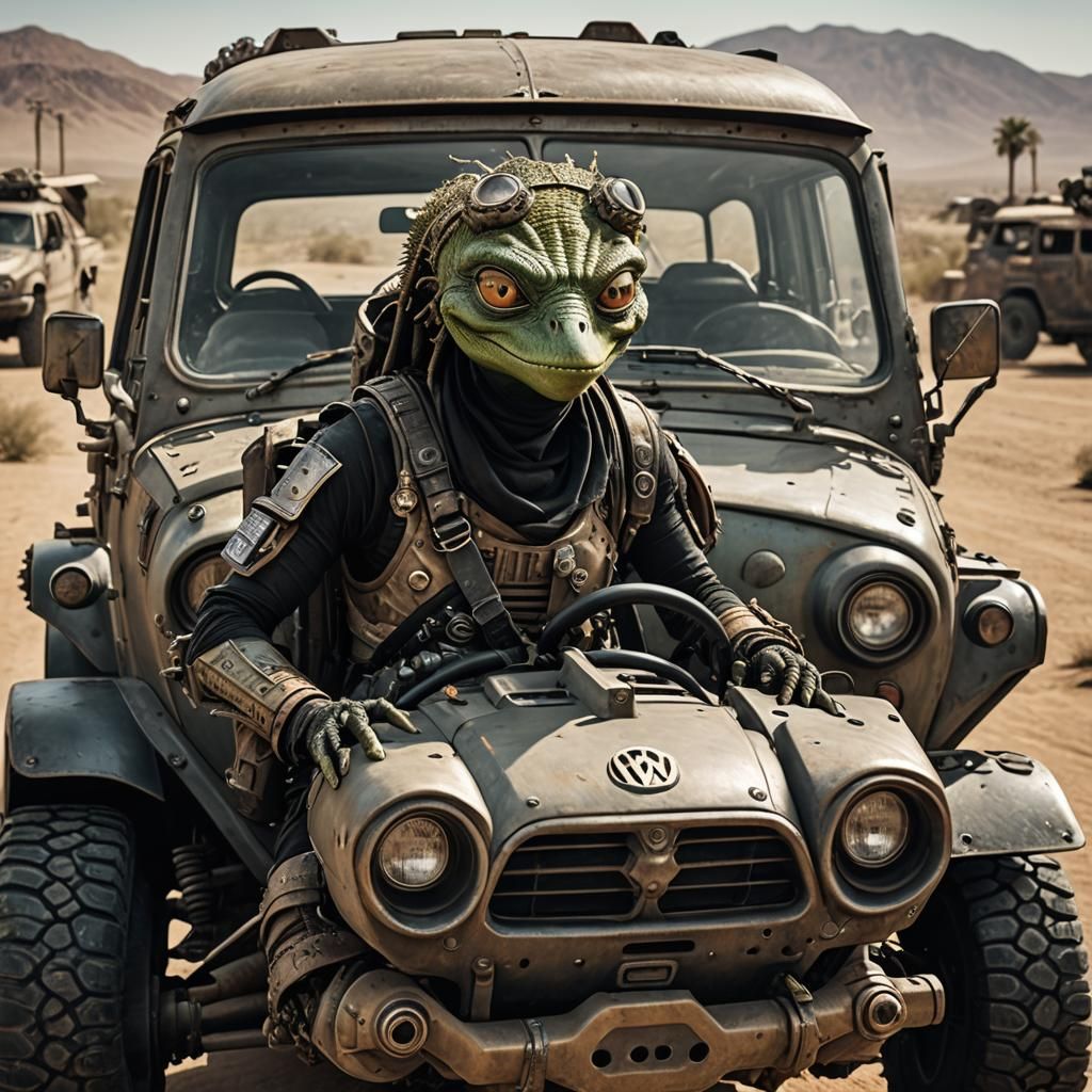 Post-Apocalyptic Alien Bounty Hunter on Armored Vehicle