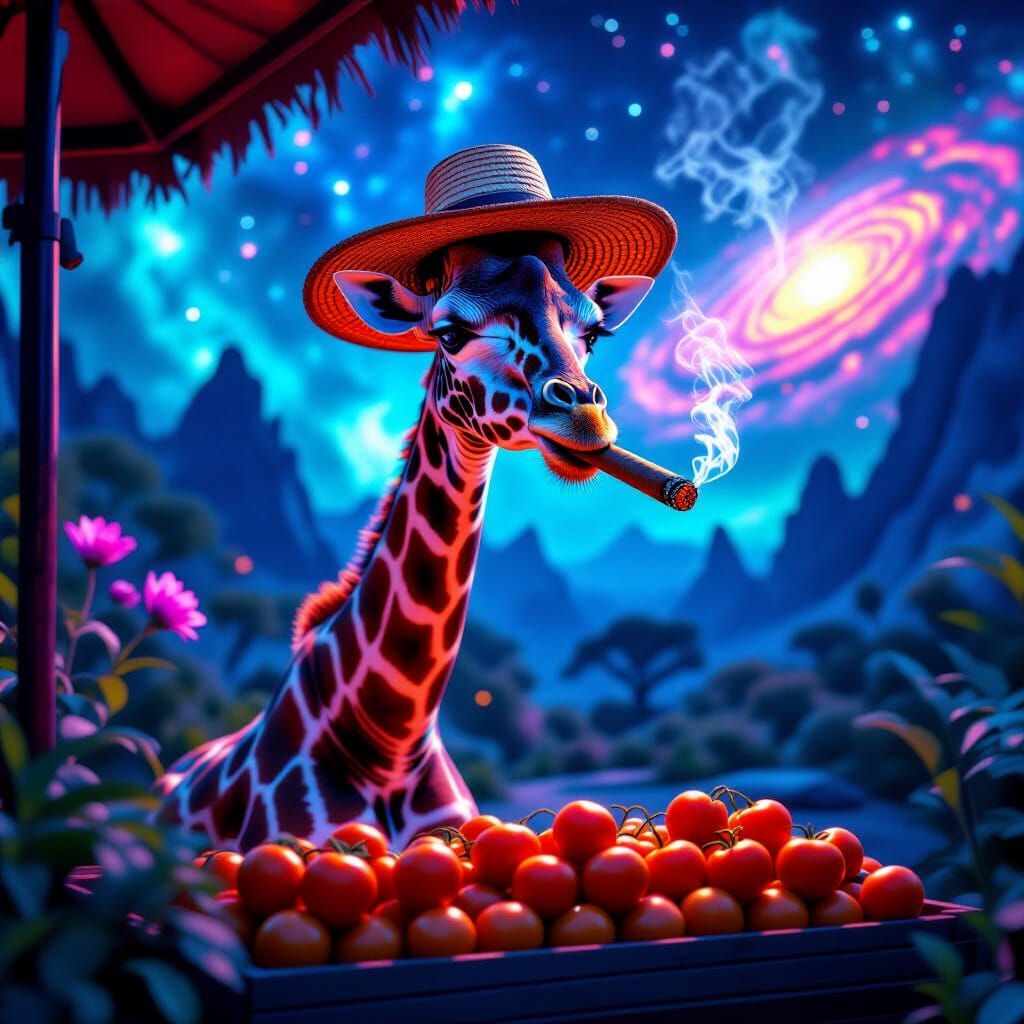 Ultrarealistična slika u 4k rezoluciji magična žirafa sa šeširom od trske i velikim tompusom u ustima  koja na površini ...