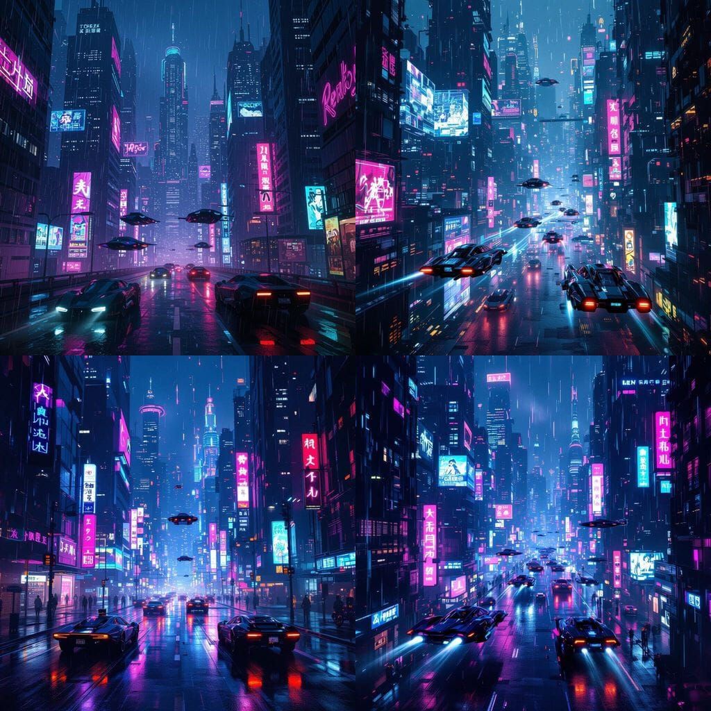 Cyberpunk City at Night with Flying Cars in Neon Rain